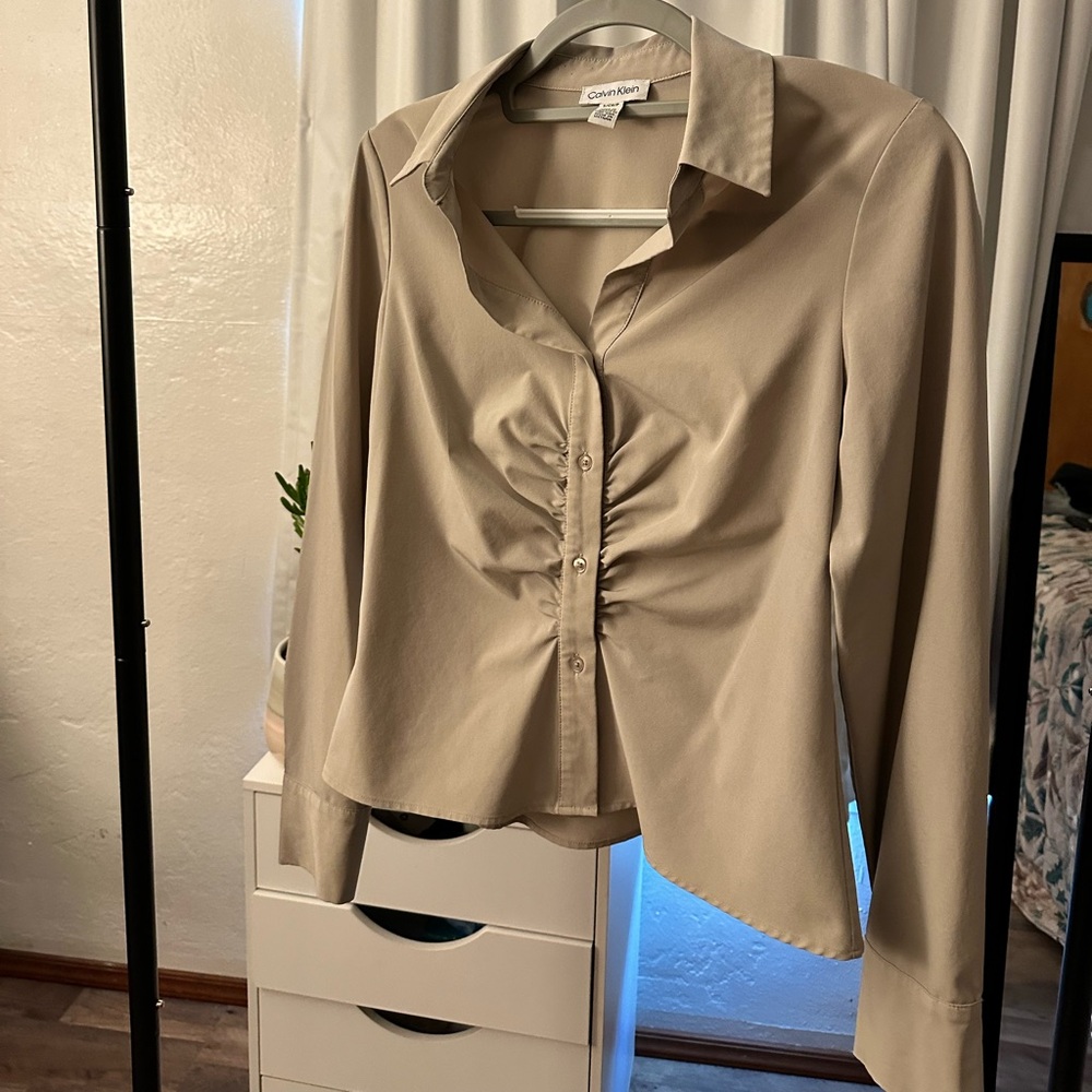 Calvin Klein Tan Ruched Long Sleeve Button Down Shirt